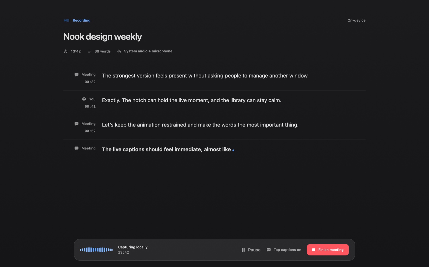 Nook's dark live meeting workspace showing a live transcript and restrained meeting controls.