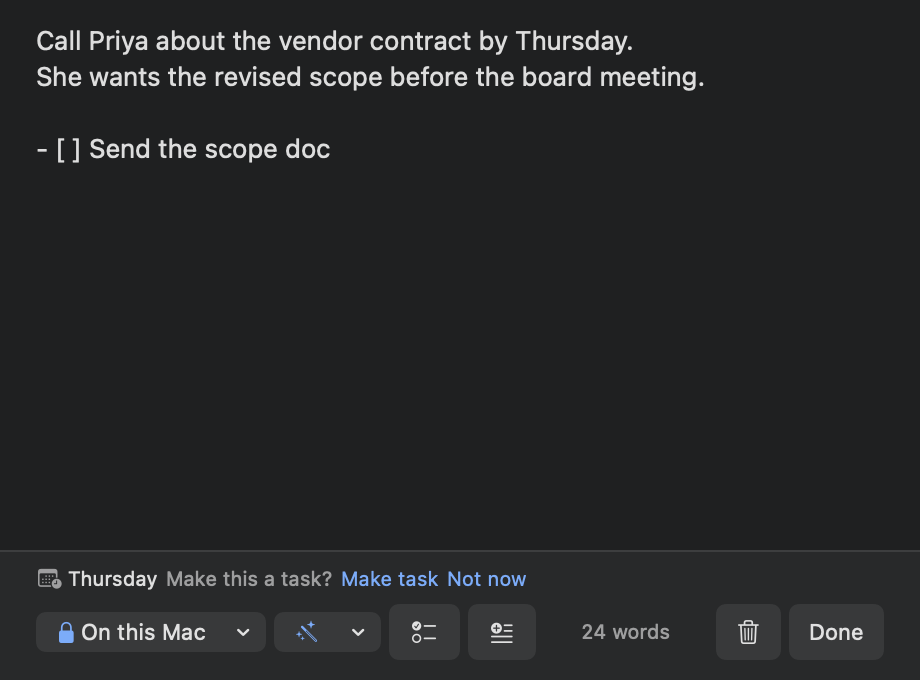 Nook's Quick Note pad containing a spoken note and a checklist line, offering to make 'Thursday' a dated task, with On this Mac selected as the assistant.